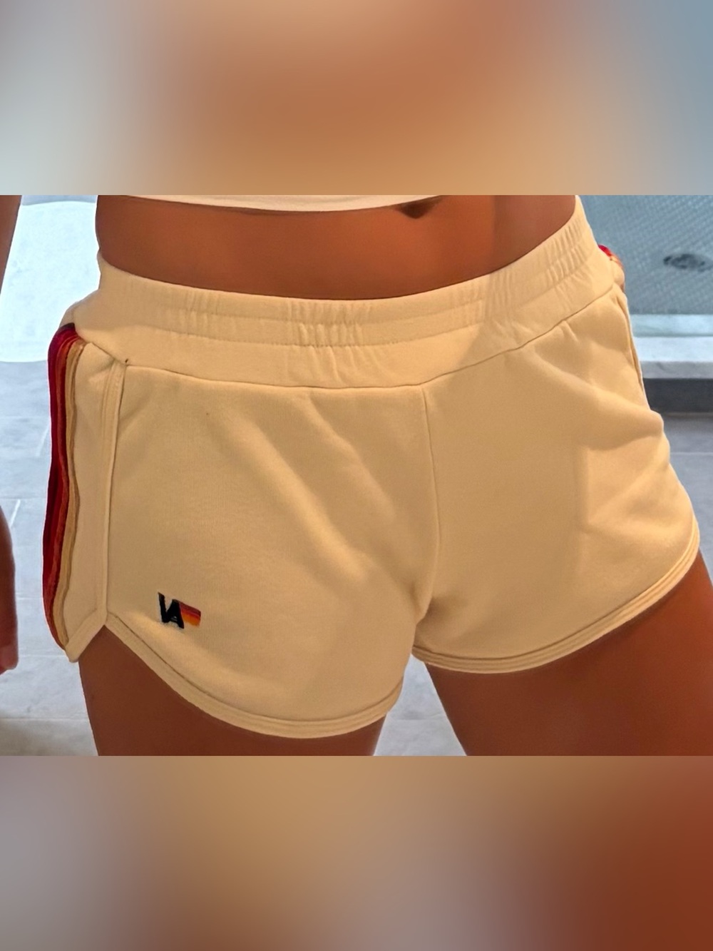 Aviator Nation Cream Sweat Shorts with Red Side Stripe